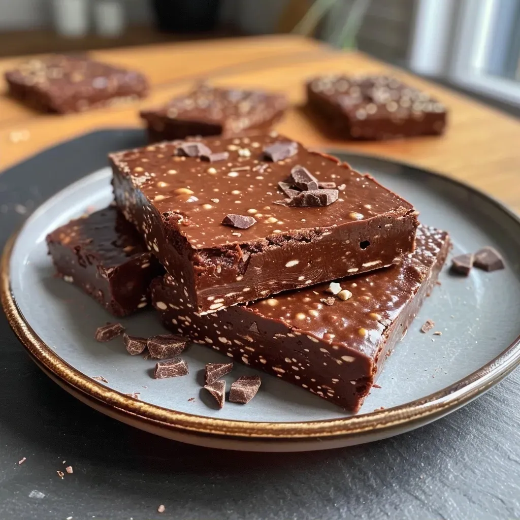 Juicy chocolate protein bars displayed, highlighting layers of oats and chocolate chips.
