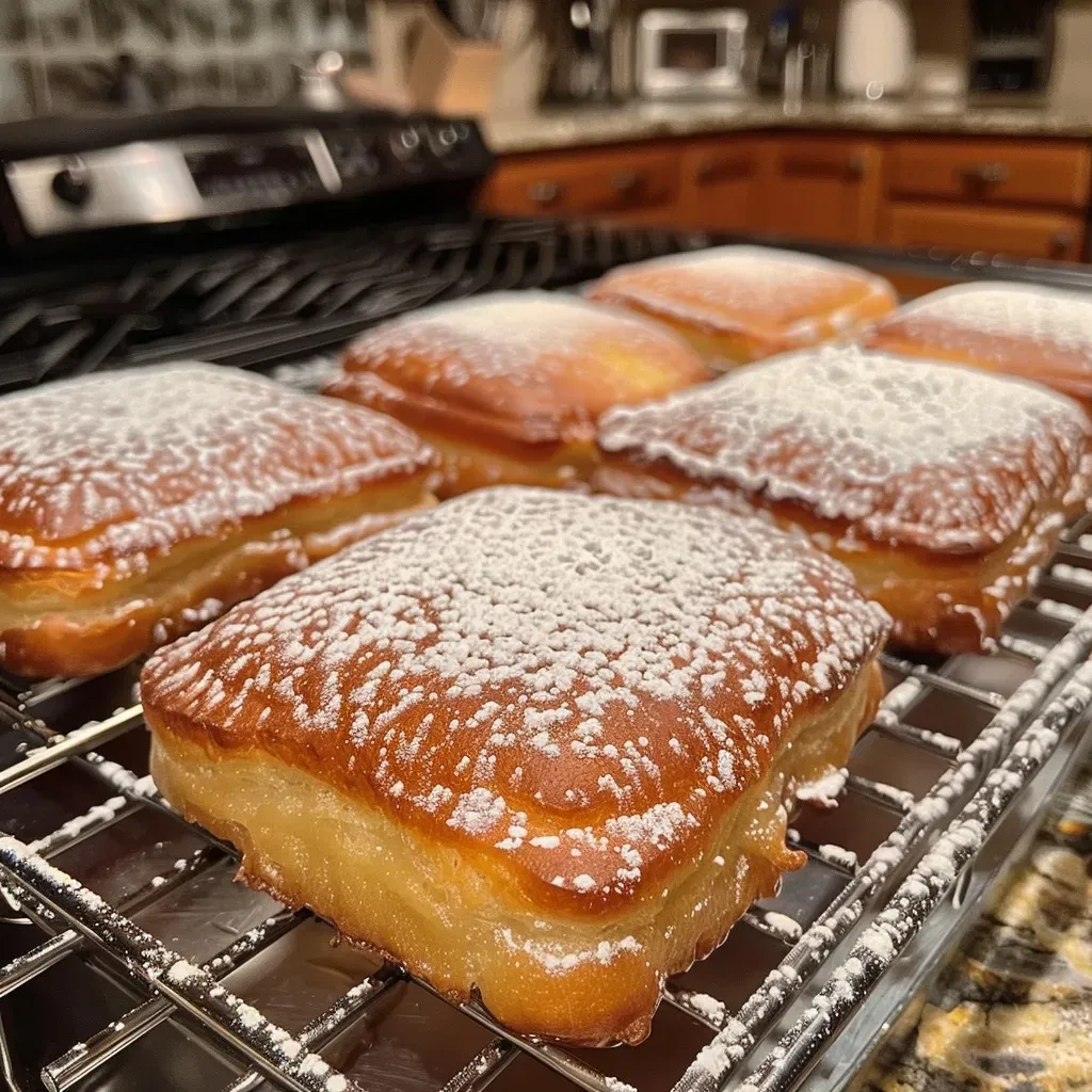 Close-up view of delicious beignets dusted with powdered sugar.