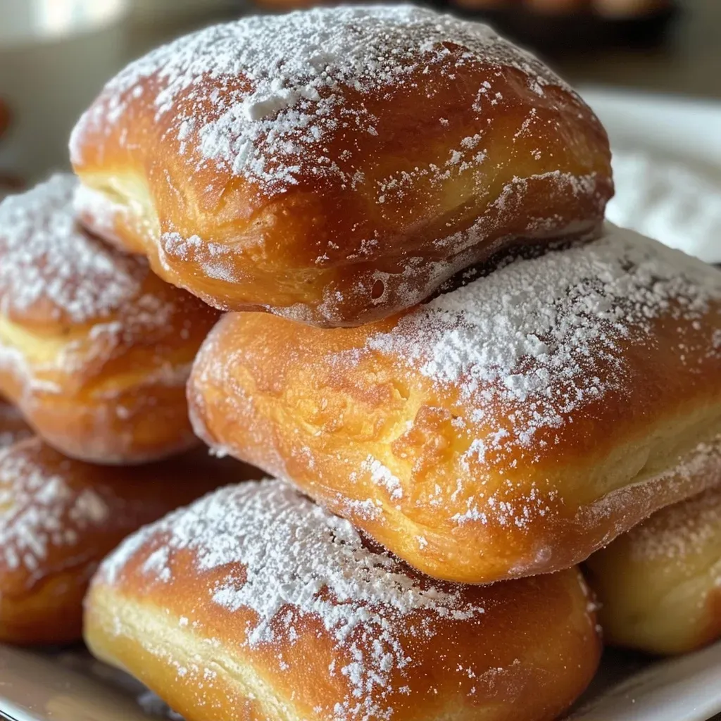 Juicy, golden brown beignets arranged on a plate.