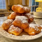 Close-up of fluffy New Orleans beignets dusted with powdered sugar.