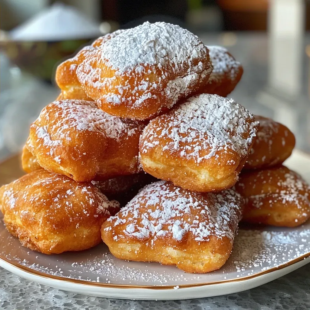 Side view of golden-brown beignets, fresh and delicious, on a plate.