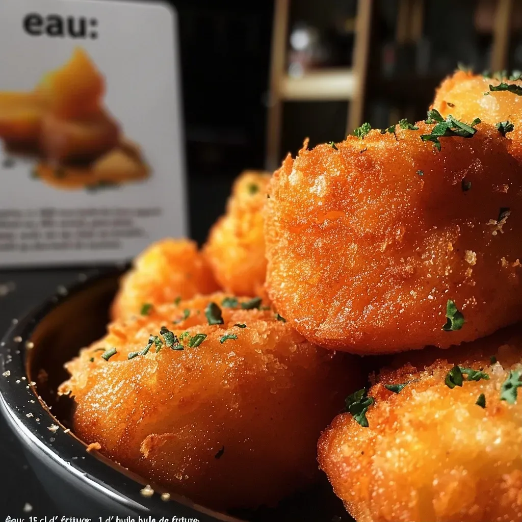 Close-up view of crispy beignets de potimarron on a plate, showcasing their golden-brown color.