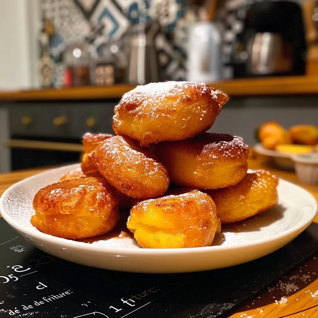 Side view of fluffy and golden beignets de potimarron with a soft texture, placed on a rustic table.