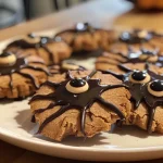 Close-up of Halloween-themed spider biscuits made with peanut butter.