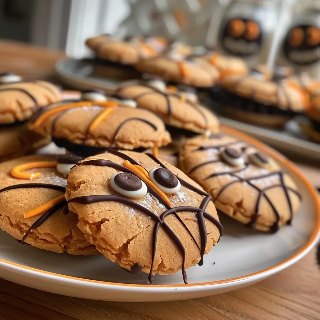 Side view of spooky spider cookies decorated for Halloween.