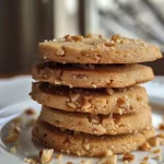 Close-up view of a stack of golden brown biscuits aux noisettes, showing filling in between.
