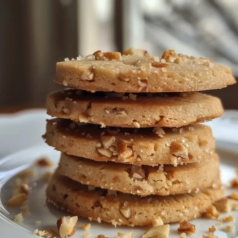 Close-up view of a stack of golden brown biscuits aux noisettes, showing filling in between.
