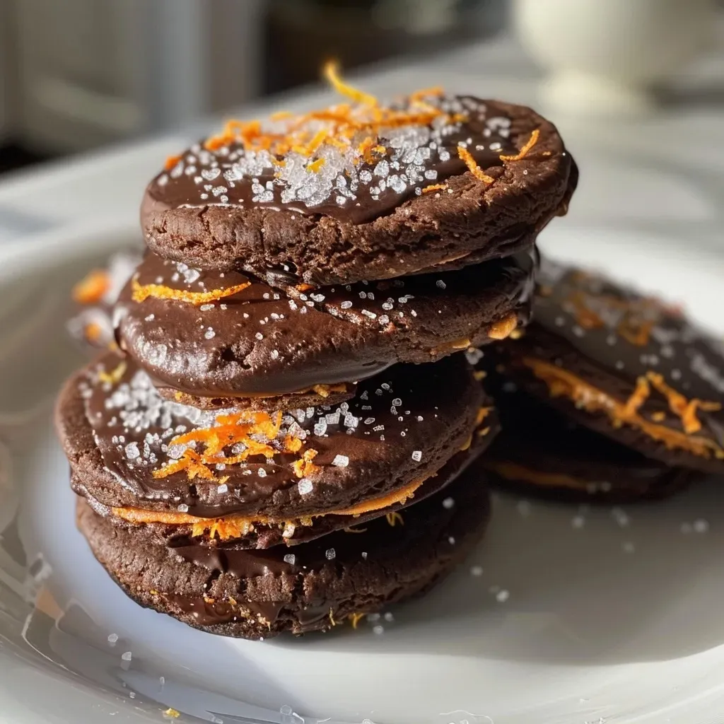 Close-up view of chocolate orange sandwich cookies with a glossy chocolate filling.
