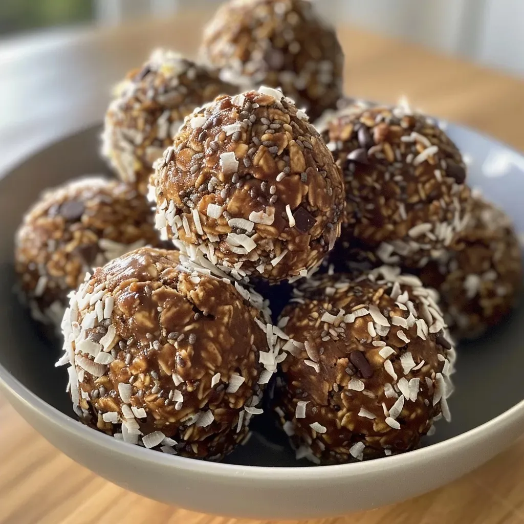 Side view of protein-packed energy balls, revealing dark chocolate chips and a sprinkle of shredded coconut.