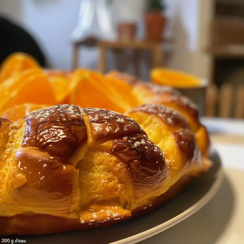 Juicy brioche with glossy chocolate and orange bits, captured in detail.