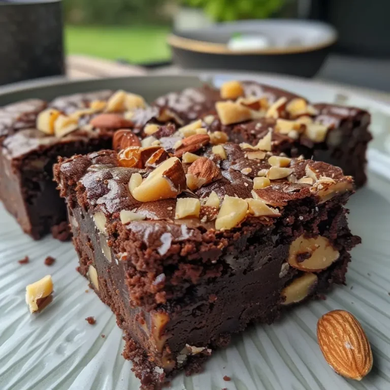 Brownie fondant intense aux amandes : mon secret pour un succès irrésistible A close-up side view of a chocolate brownie topped with almonds.