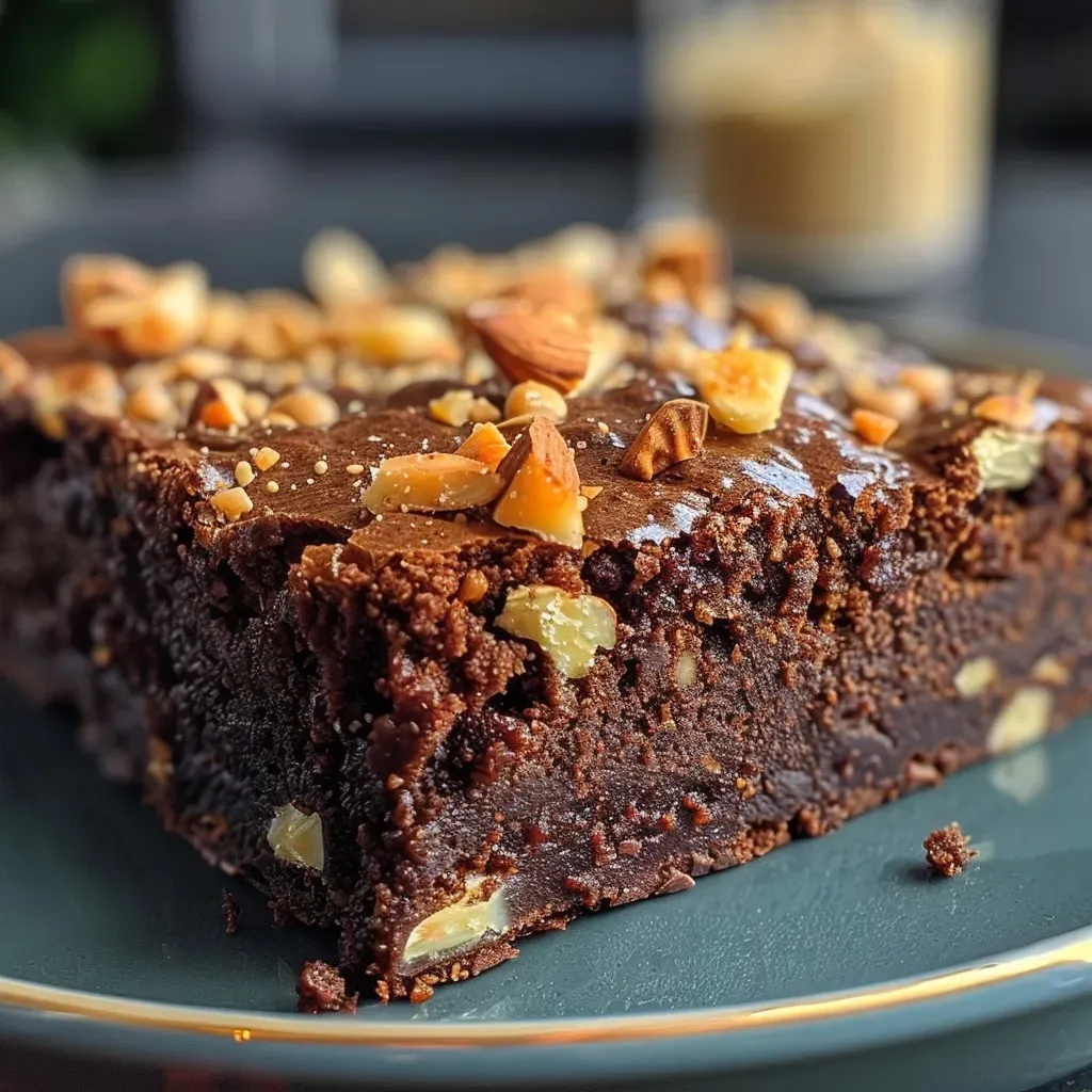 Decadent brownie with almond pieces, showcasing a rich, chocolatey texture.