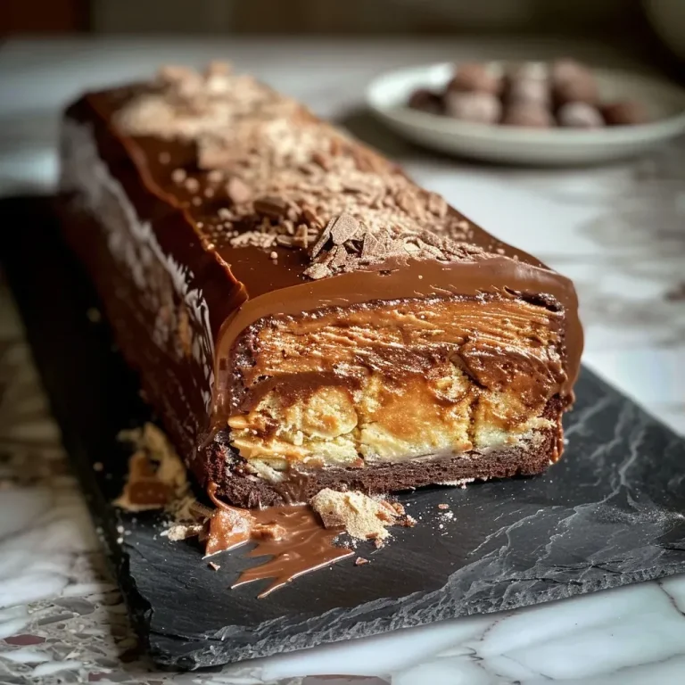 A close-up side view of a Bûche aux châtaignes showcasing its creamy layers and cocoa dust.