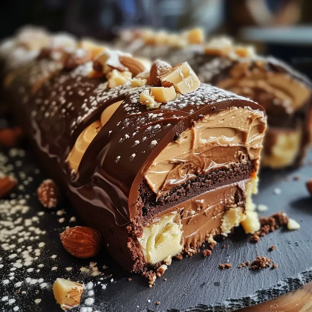 Detailed side view of a Bûche aux châtaignes with a rich chocolate coating and chestnut cream.