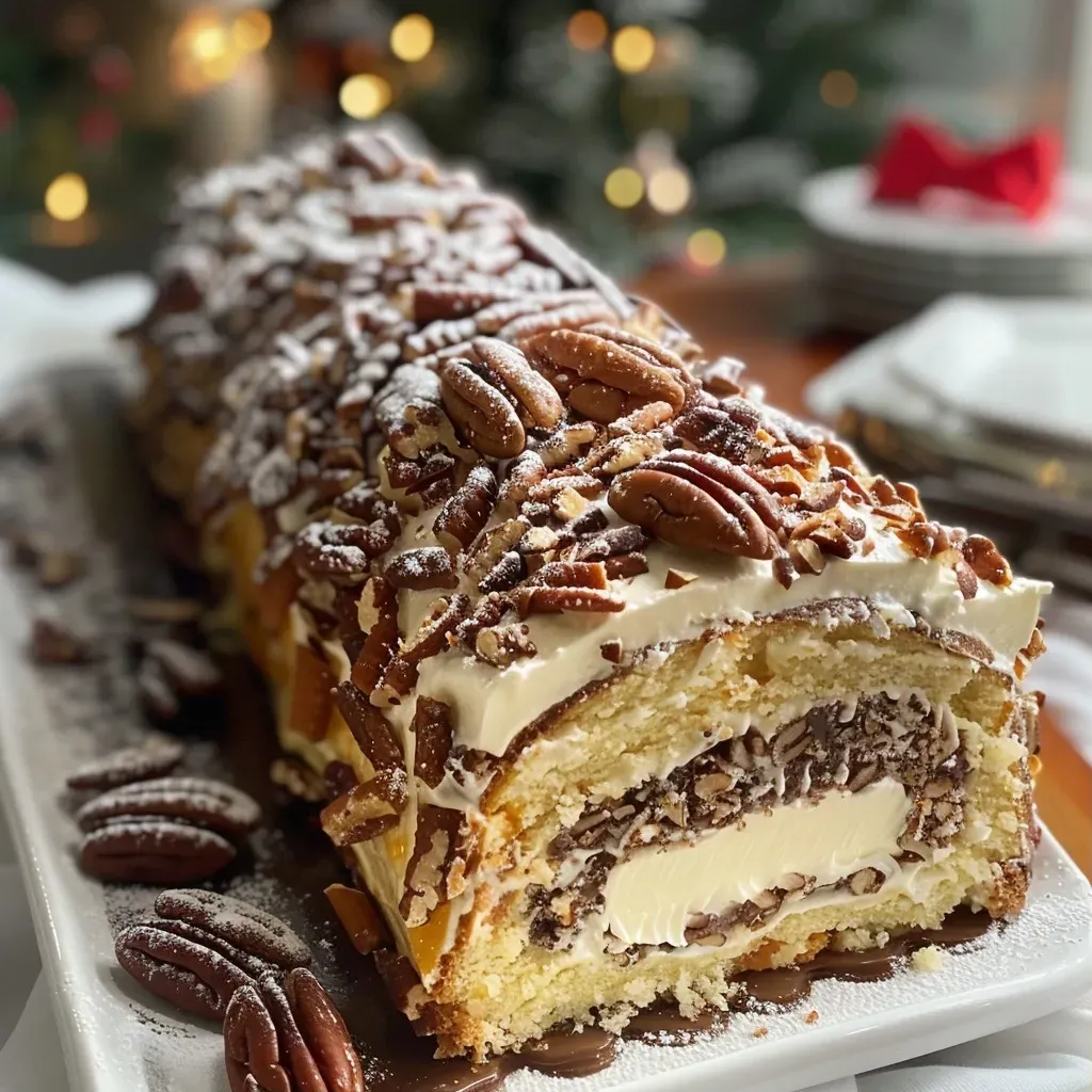 Close-up side view of a beautifully crafted Gingerbread Bûche de Noël decorated with festive elements.