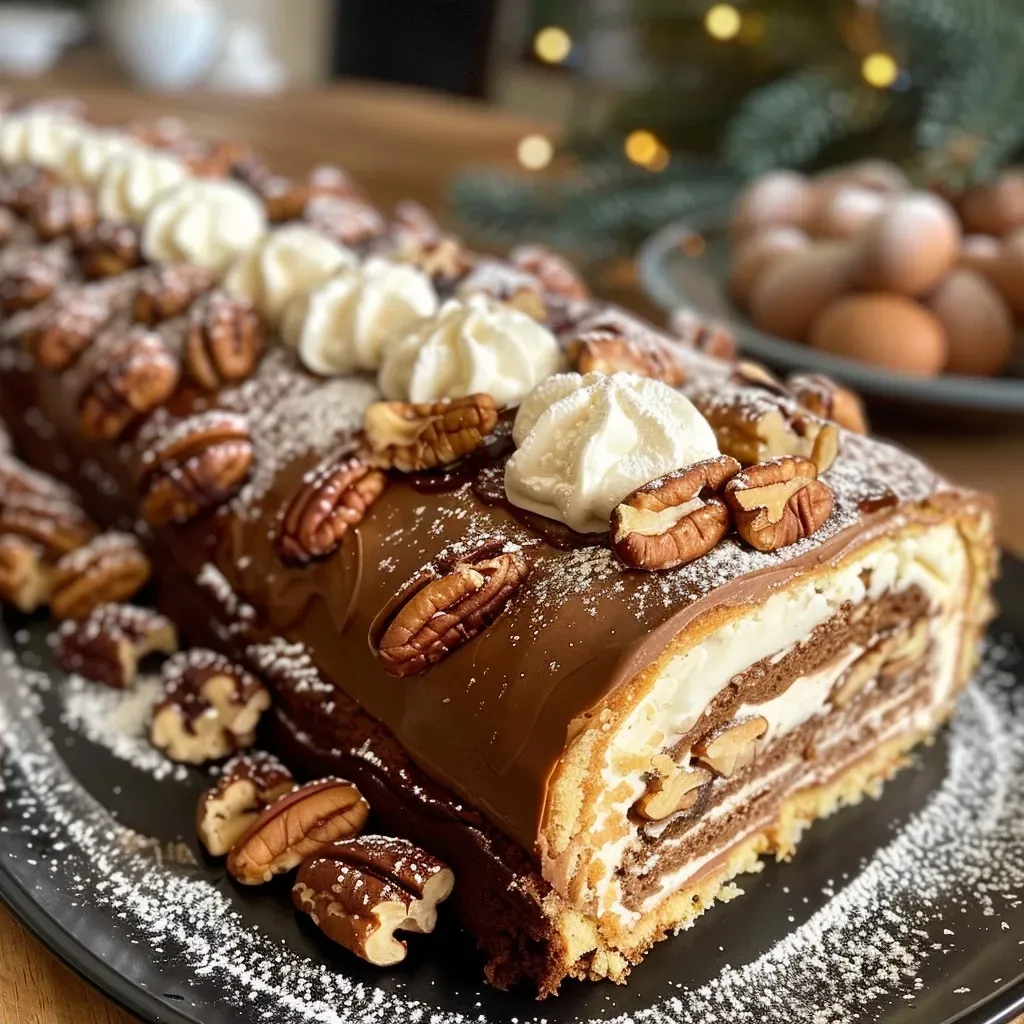 A detailed side photo of a luscious Gingerbread Bûche de Noël showcasing its rich texture and icing.
