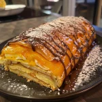 A close-up view of a juicy buche salée au potimarron, showcasing its texture and colors.