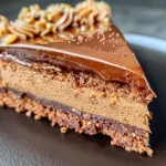 Close-up view of a slice of cake à la crème de marrons, showing moist texture and creamy filling.