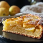 Close-up side view of a slice of cake à la pomme, showcasing juicy apple chunks.