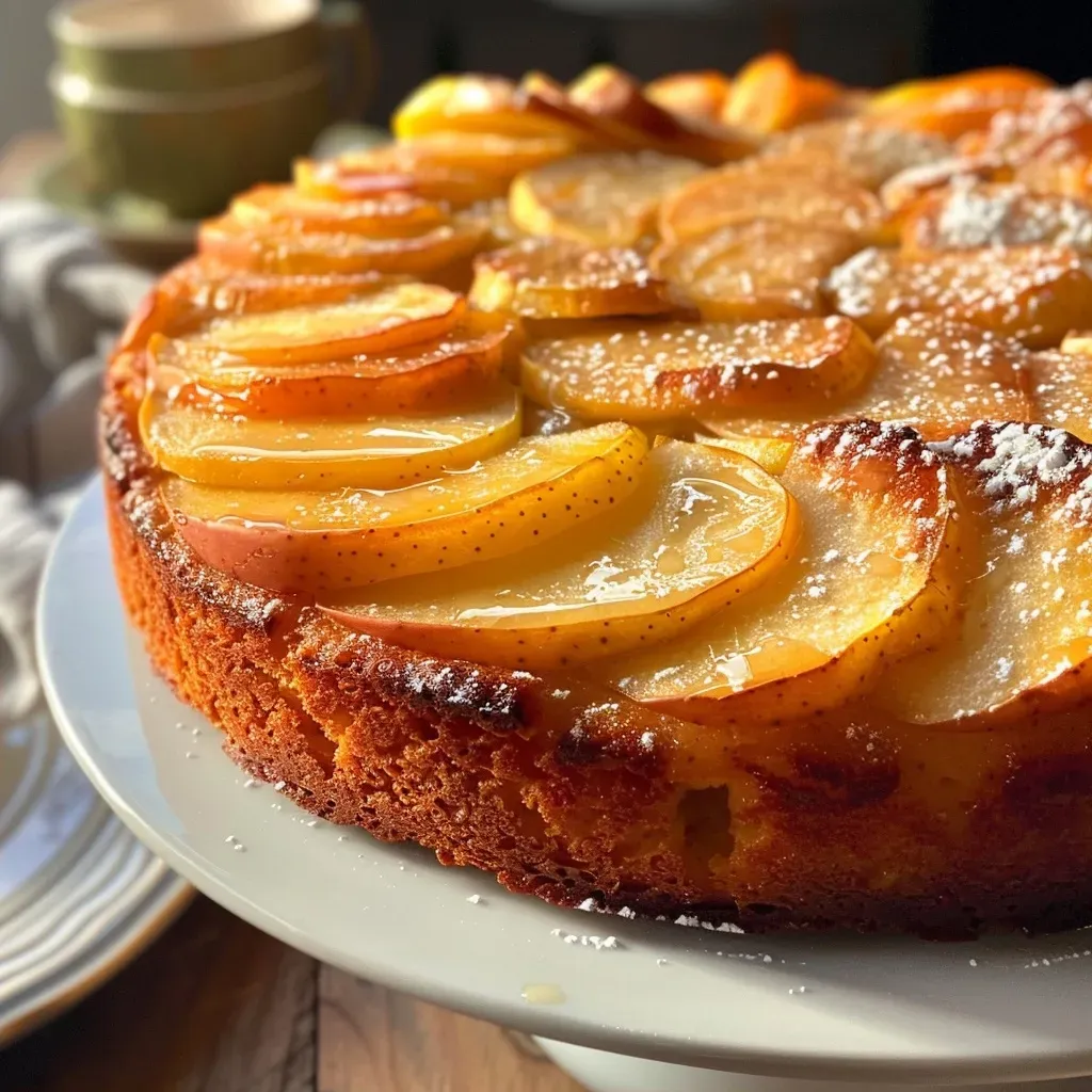Detailed image of a moist apple cake, highlighting its golden crust and soft interior.