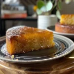 A close-up side view of a moist cake à l'érable with a golden maple glaze.