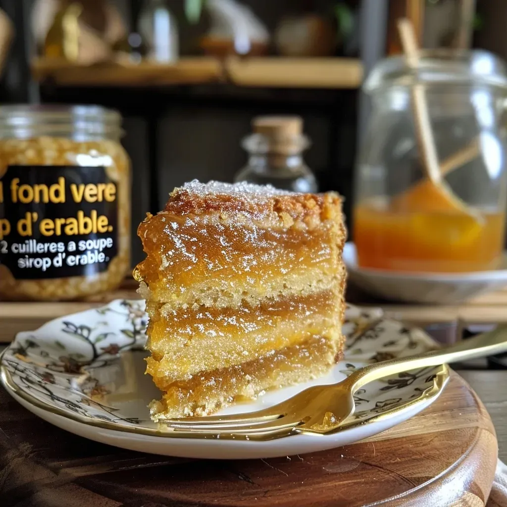 Juicy slice of maple cake with a rich syrup drizzled on top.