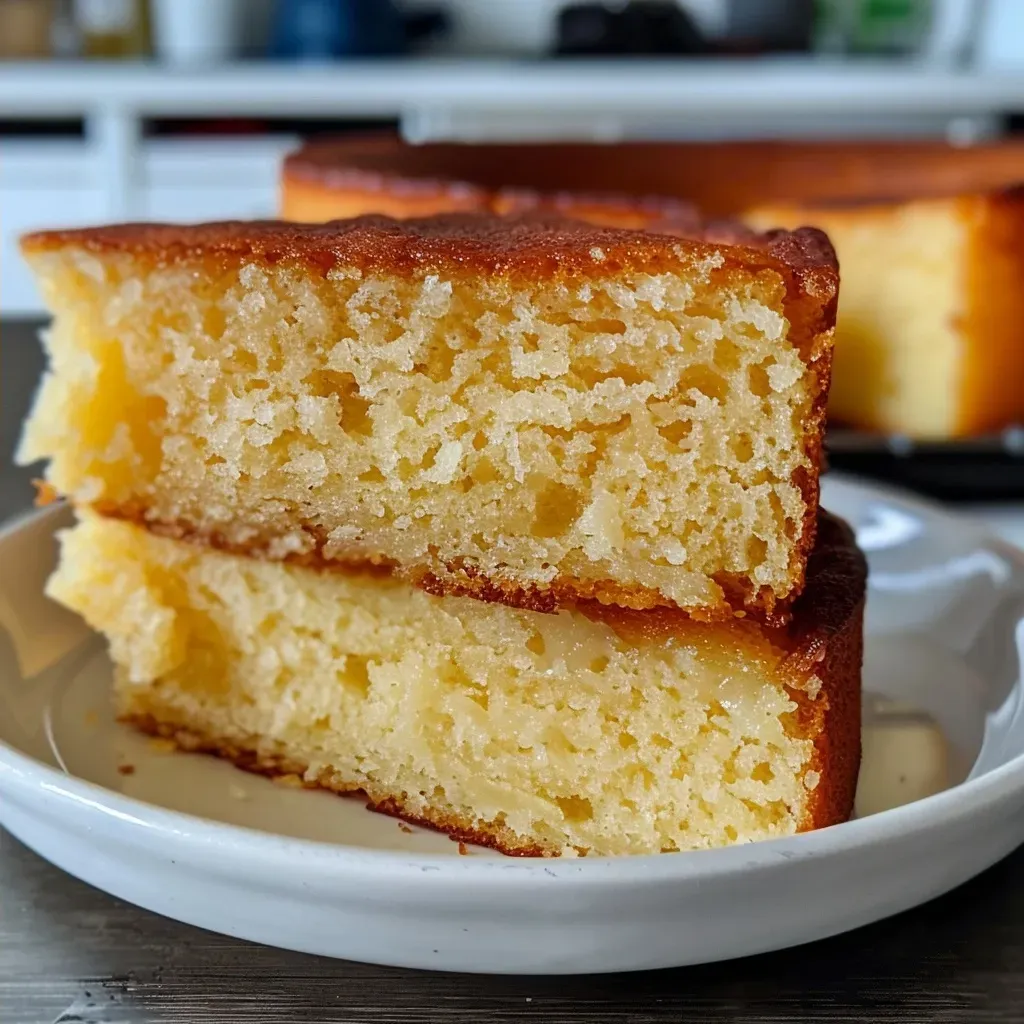 Juicy slice of cake au airfryer displayed against a blurred kitchen background.