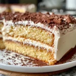 Close-up side view of a slice of white chocolate cake, moist and decadent.