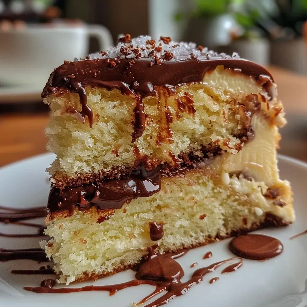 A delicious piece of cake au chocolat blanc, highlighting its creamy texture and rich layers.