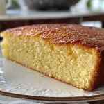Close-up side view of a lemon loaf cake with a golden crust and lemon glaze.