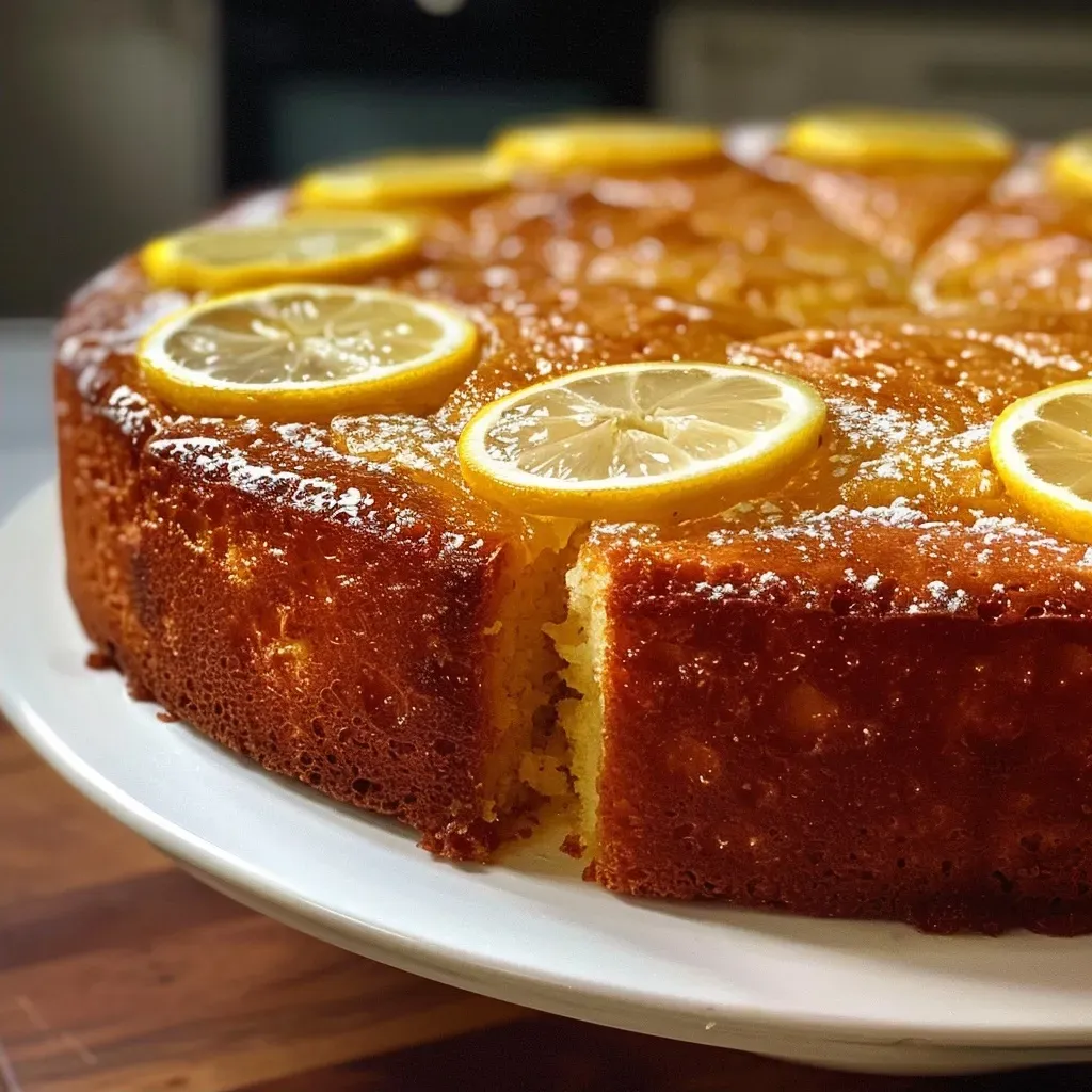 A moist lemon loaf cake topped with a light lemon icing displayed on a wooden surface.