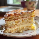 A close-up side view of a moist cake au fromage blanc with chocolate chips, showcasing its texture and ingredients.