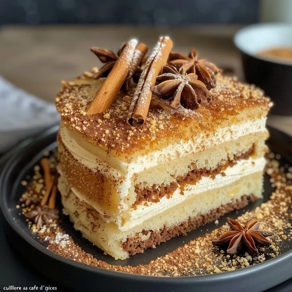 Side view of a slice of cake aux épices showcasing its texture and ingredients.