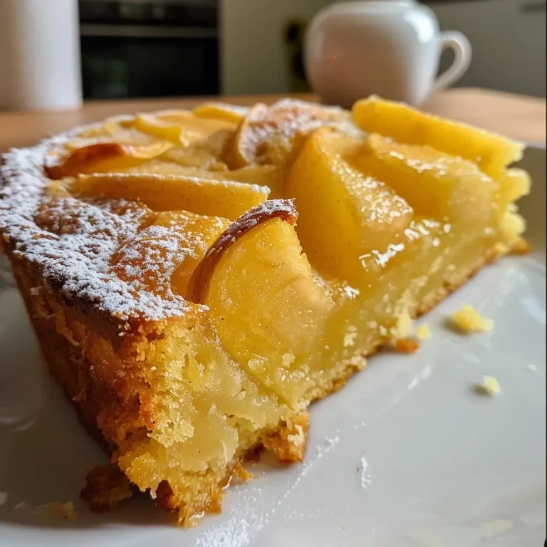 Le cake aux poires irrésistible : un délice facile à réaliser ! A close-up side view of a delicious pear cake, highlighting its moist texture and sliced pears on top.