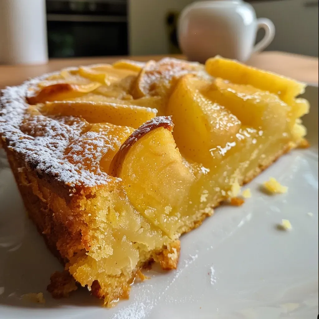A close-up side view of a delicious pear cake, highlighting its moist texture and sliced pears on top.