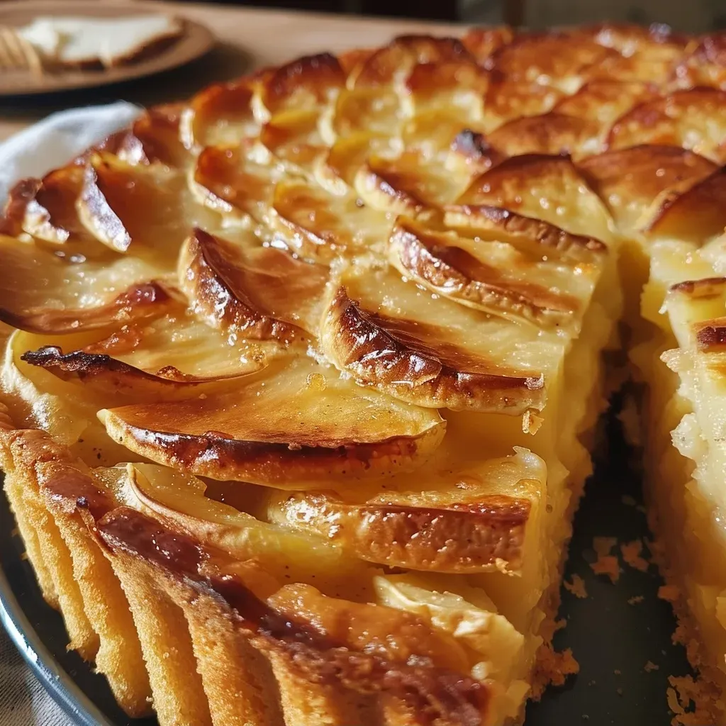 Deliciously baked potato cake with a rich, buttery texture showcased in a side view.