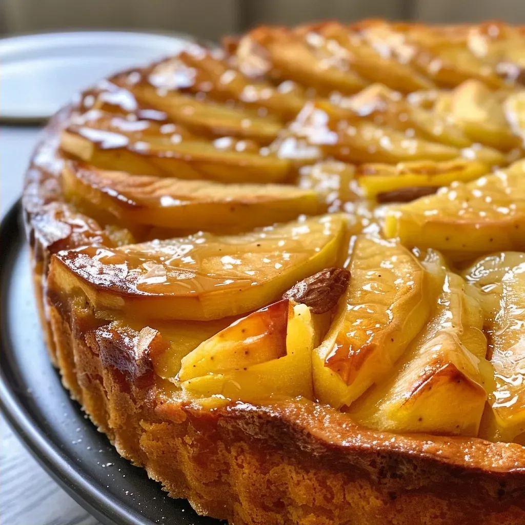 Side view of a delicious cake aux pommes with a golden brown crust and apple pieces visible.