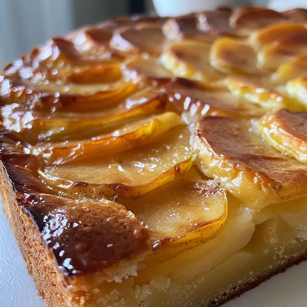 Side view of a delicious apple cake with a shiny glaze, revealing chunks of apple inside.