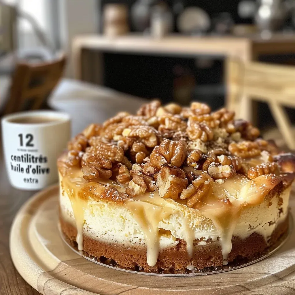 Side view of a delicious cake made with goat cheese and walnuts, topped with honey.