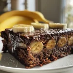 A moist banana and chocolate cake in a side view, showcasing its soft texture and rich color.