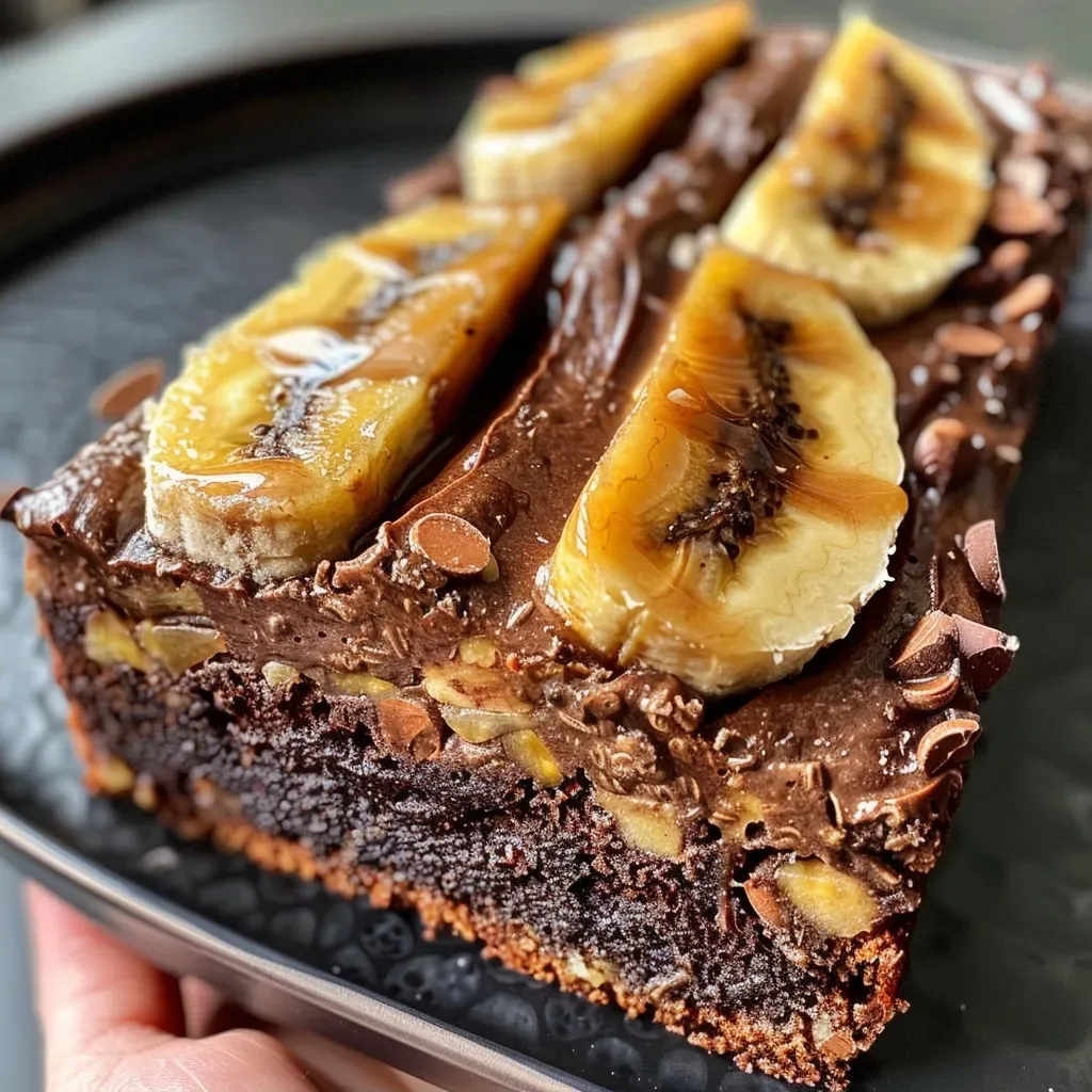 Close-up of a slice of banana chocolate cake with a soft, fluffy interior and dark cocoa highlights.