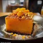 Close-up side view of a moist pumpkin and cinnamon cake topped with a glaze.