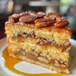 Close-up of a moist pecan cake, showcasing its golden brown crust and pecan toppings.