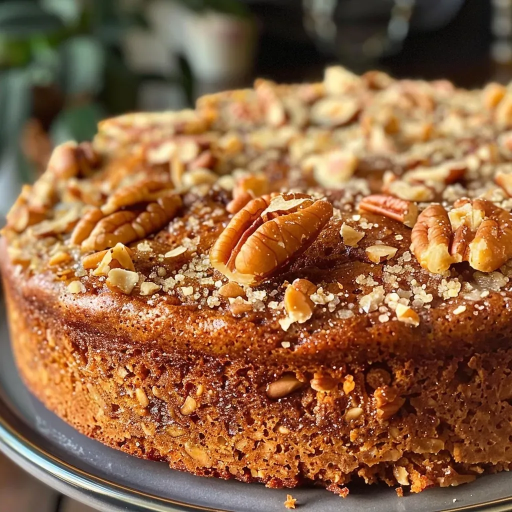 Side view of a luscious cake moelleux with pieces of pecans visible on top.