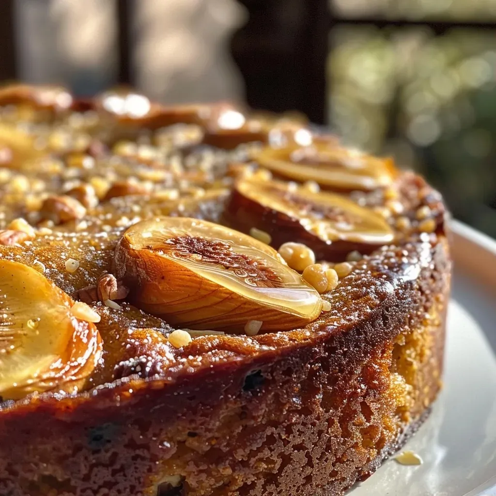 Close-up side view of a moist noix figues cake with nut and dried fig toppings.