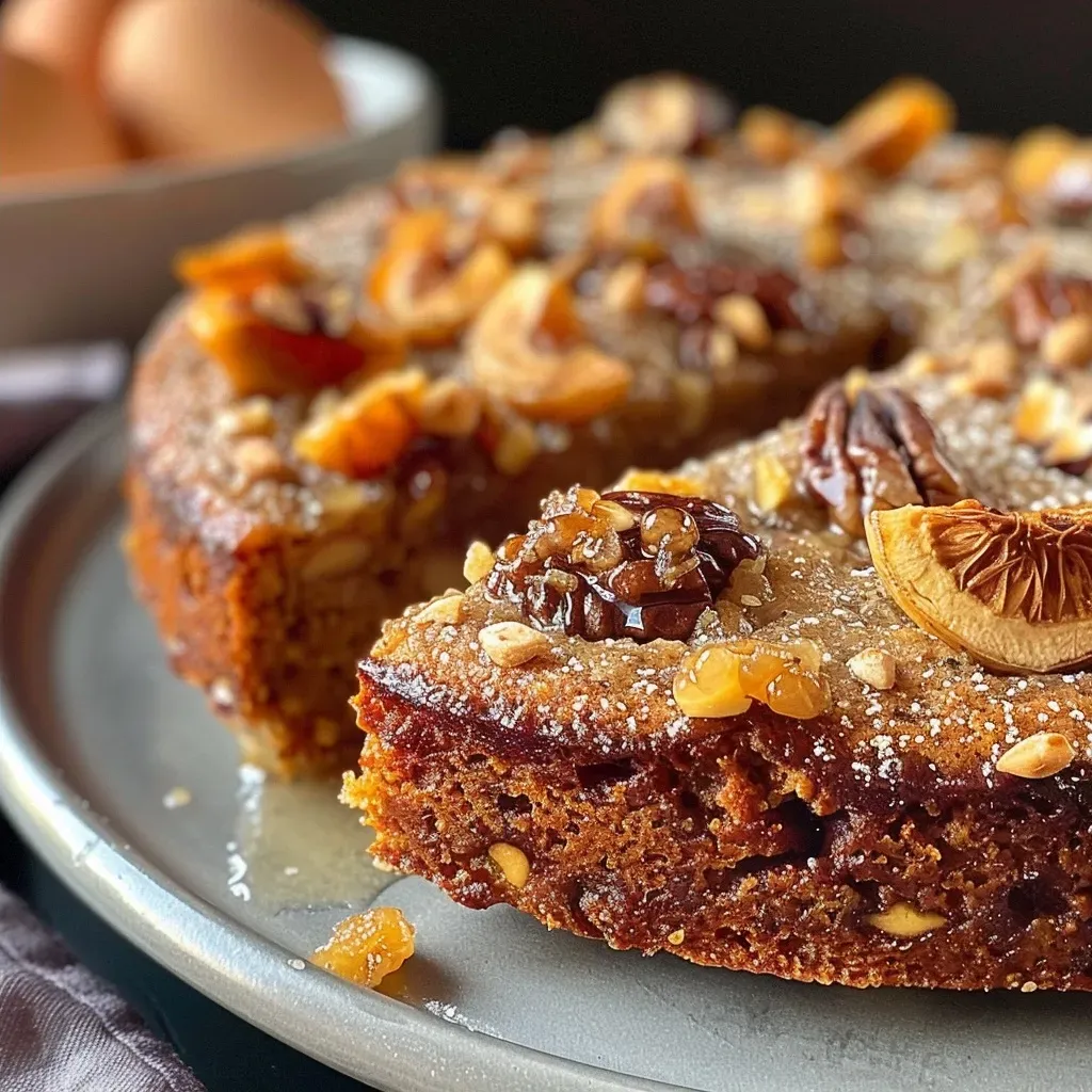 Detailed shot of a slice of noix figues cake showcasing its rich texture and ingredients.