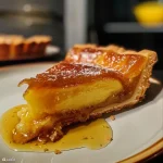 Close-up of a warm, flaky chausson filled with caramel au beurre salé, showcasing a golden crust.