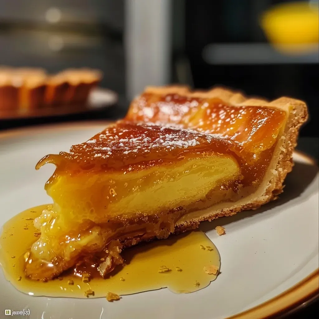Close-up of a warm, flaky chausson filled with caramel au beurre salé, showcasing a golden crust.