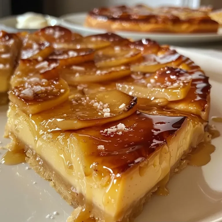A side view of a creamy cheesecake topped with caramel and a sprinkle of salt.