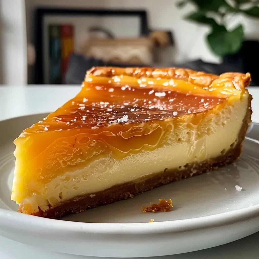 Close-up of a decadent no-bake caramel cheesecake with a buttery crust.